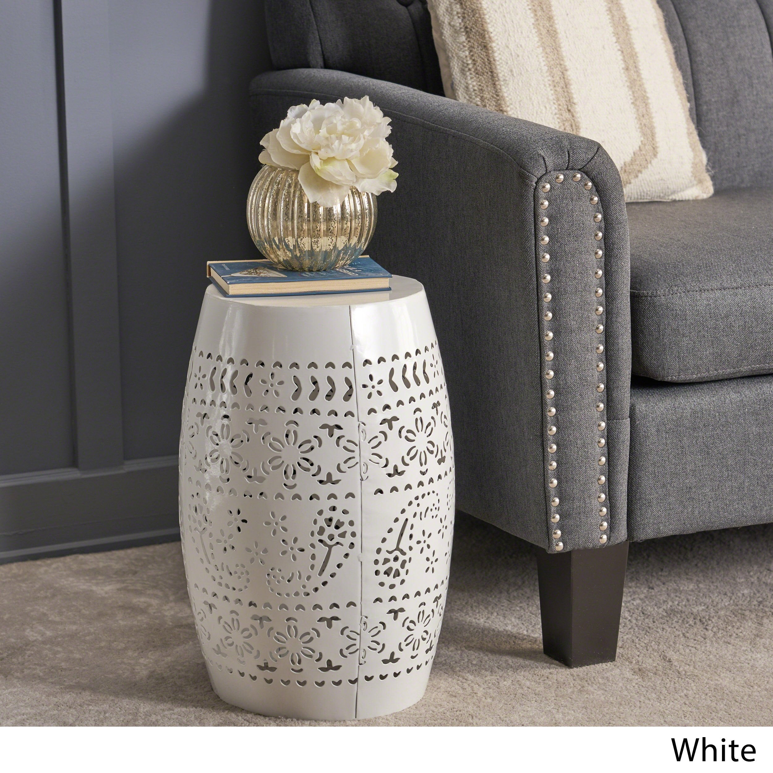 Apollos Indoor Lace Cut Iron Accent Table, White, 12.25D x 12.25W x 18H in