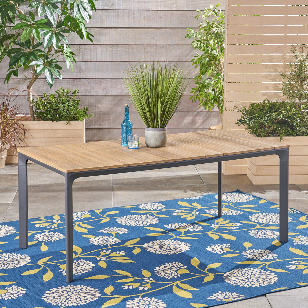 Jace Outdoor Aluminum and Wood Dining Table, Natural Finish