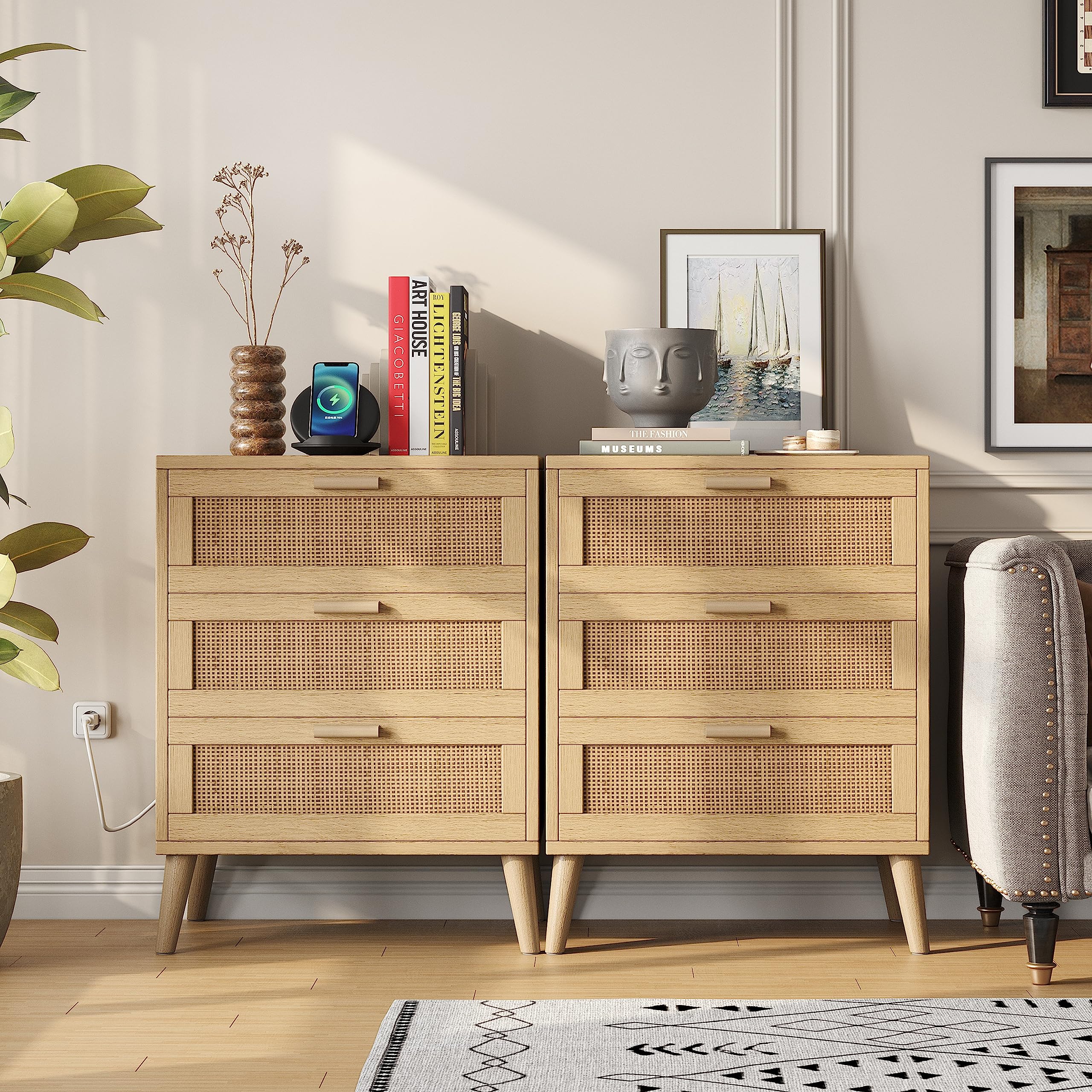 Rattan Nightstand with Charging Station, Night Stand with Rattan Decorated Drawers