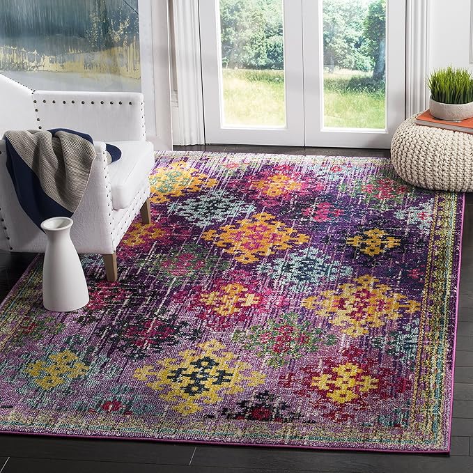 Monaco Collection Area Rug - 6'7" x 9'2", Blue & Multi, Boho Diamond Trellis Design, Non-Shedding & Easy Care, Ideal for High Traffic Areas in Living Room, Bedroom (MNC244N)