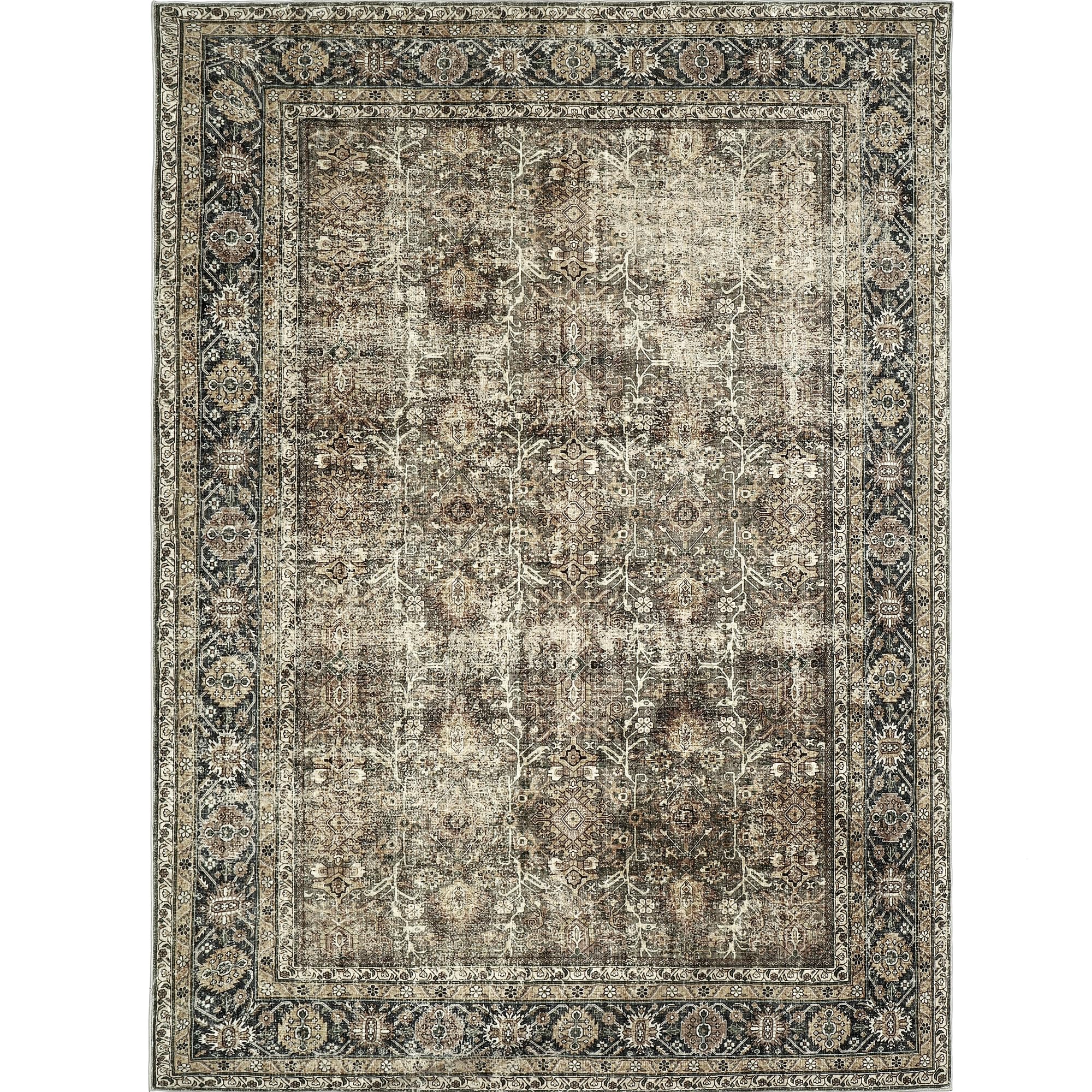 PureCozy Vintage Area Rug 4x6 Brown Bedroom Rug Indoor Kitchen Washable Living Room Carpet Tribal Distressed Rug Retro Accent Throw Rug for Office Dining Room Bathroom Faux Wool