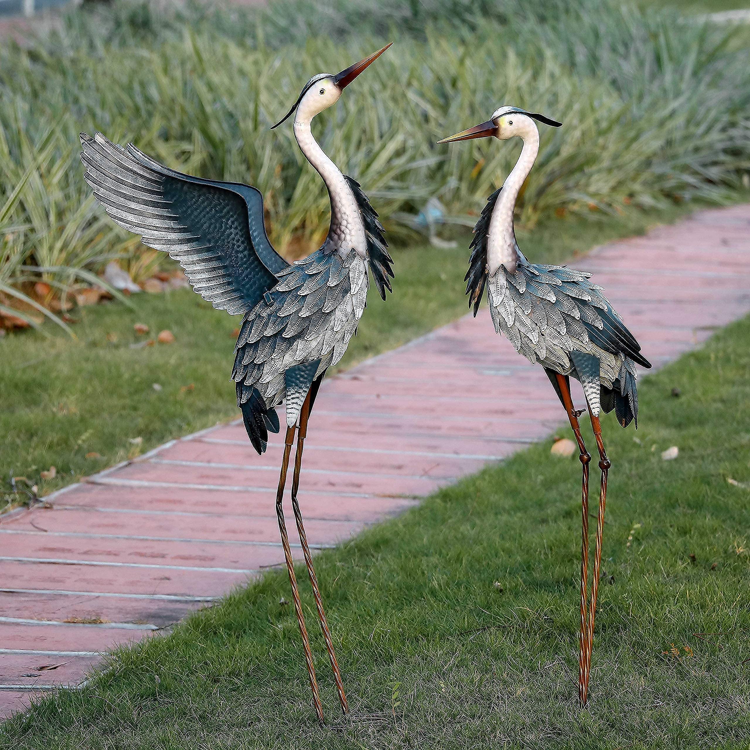 40.7 inch Metal Blue Heron Garden Statues +35 inch Peacock Sculpture for Garden Decor
