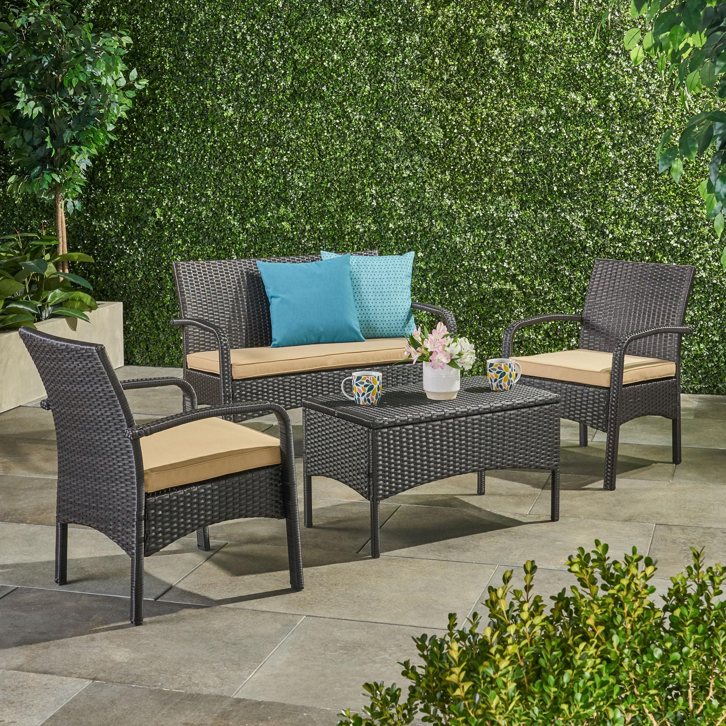 Furniture Set 4 Piece, Outdoor Conversation Sets- Rattan Wicker Sofa