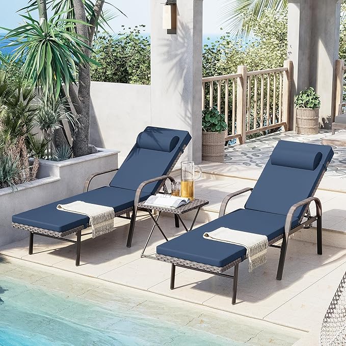Outdoor Chaise Lounge Chairs 3 Pieces PE Wicker Patio Furniture Set Rattan Beach