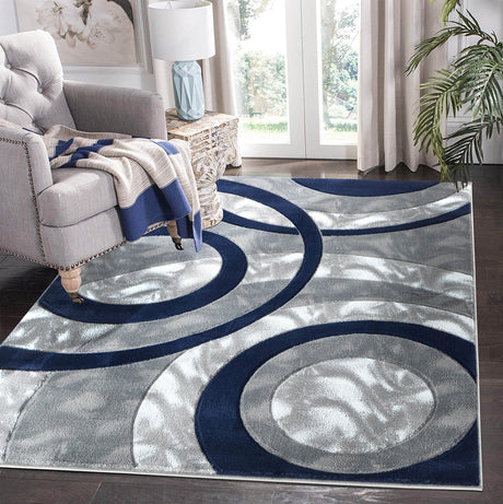 Area Rug Modern 8x10 Navy Circles Geometry Soft Hand Carved Contemporary