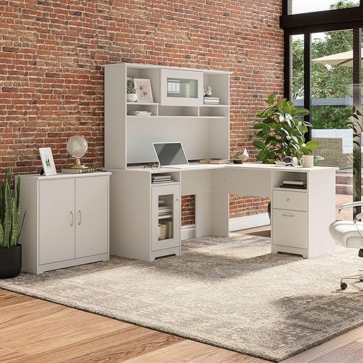 Cabot L Shaped Desk with Hutch and Small Storage Cabinet with Doors