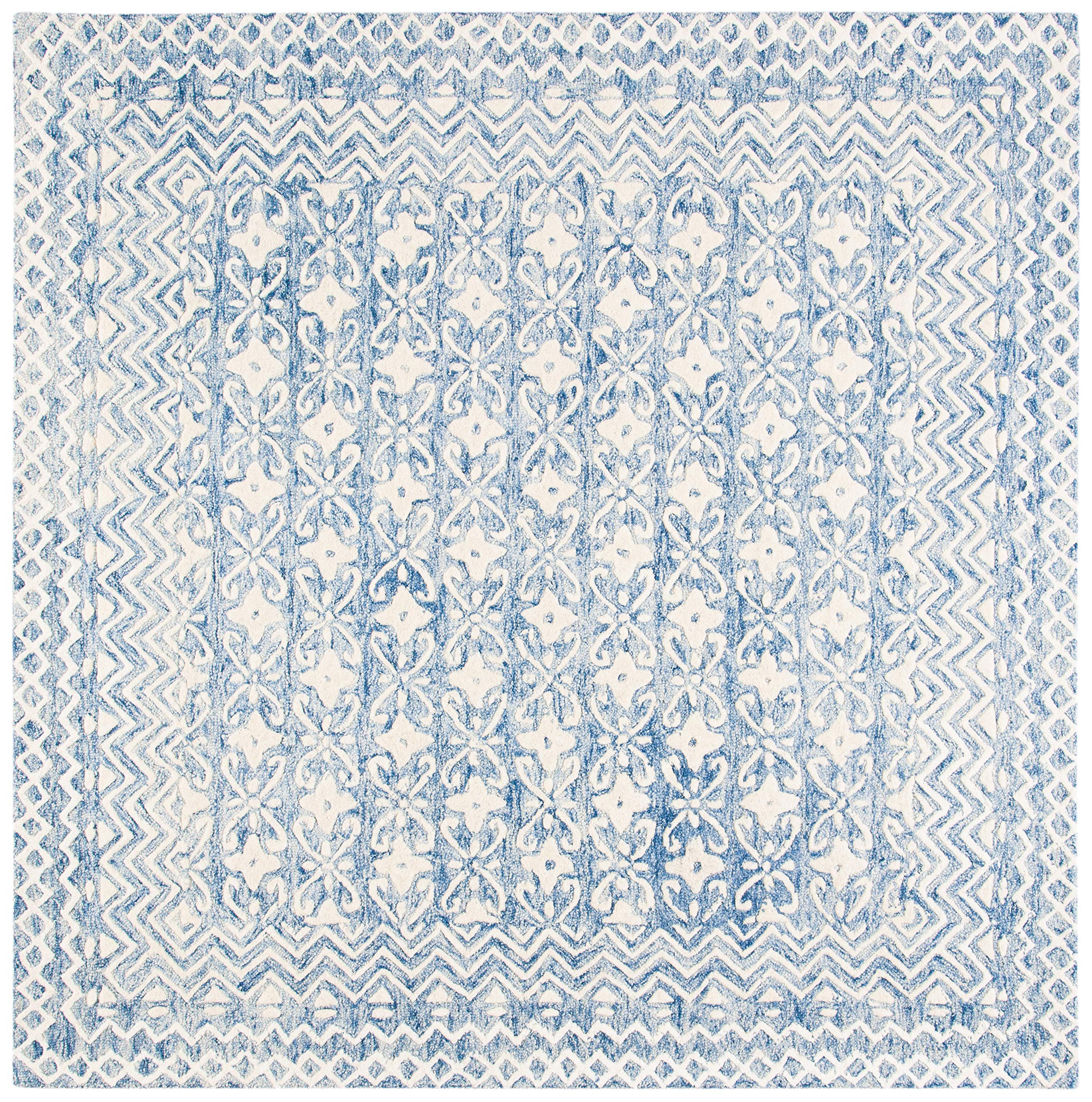 Blossom Collection 4' Square Blue/Ivory BLM114M Handmade Wool Area