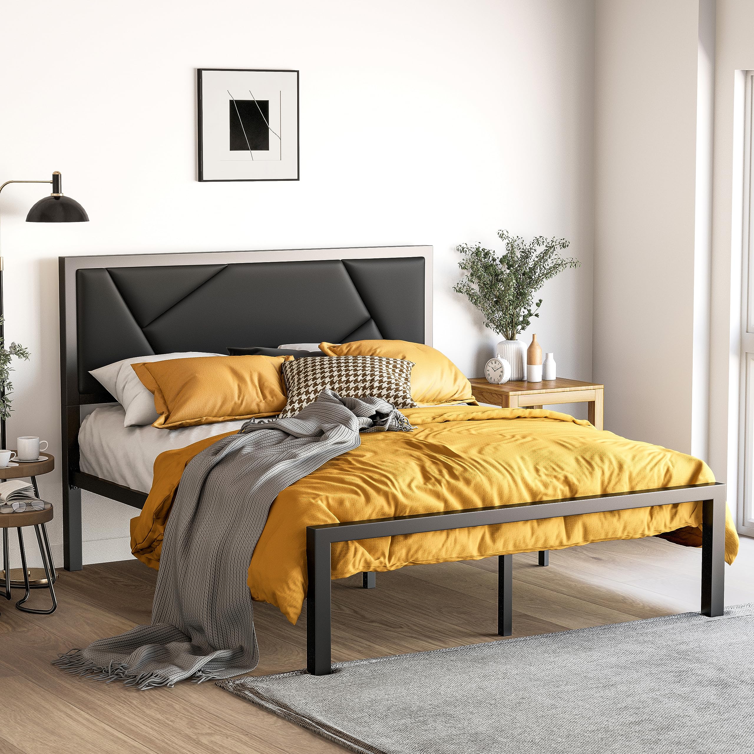 SHA CERLIN Modern Queen Size Metal Bed Frame with Litchi Grain Leather Upholstered Headboard, No Box Spring Needed, 12.4" Underbed Storage, Black