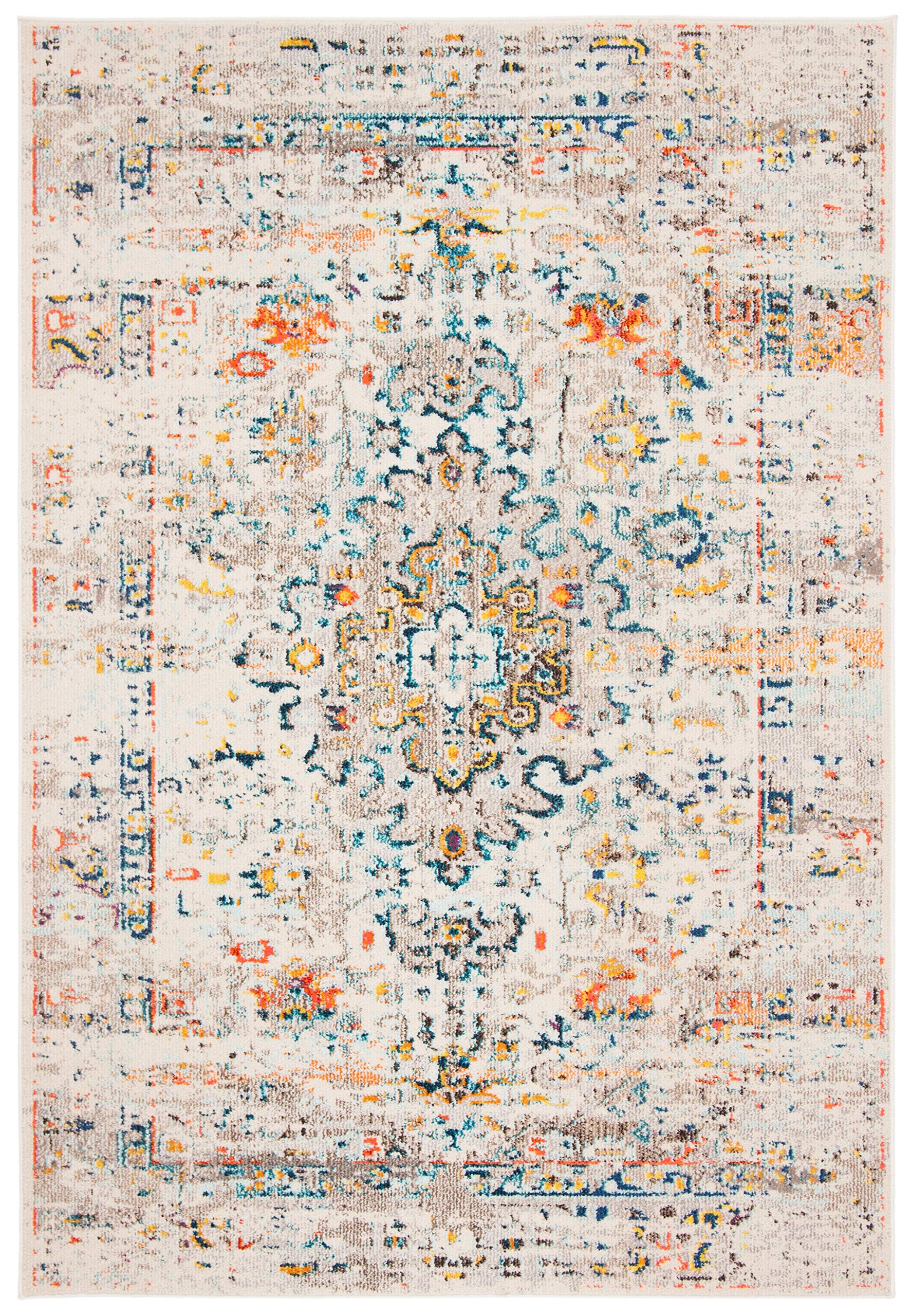 Madison Collection Area Rug - 5'3" x 7'6", Cream & Blue, Boho Distressed Medallion Design