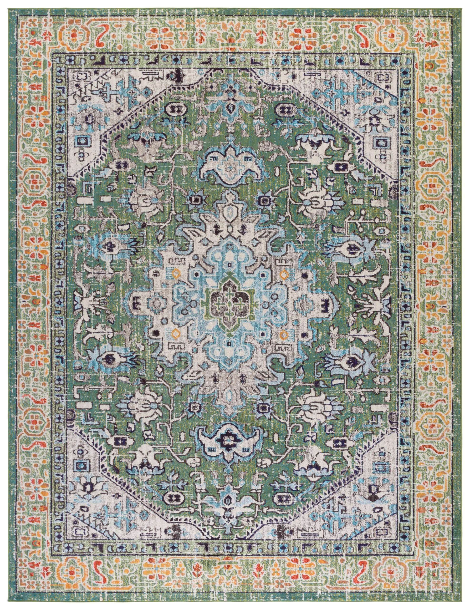 SAFAVIEH Madison Collection Area Rug - 10' x 14', Green & Turquoise, Boho Medallion Distressed Design, Non-Shedding & Easy Care, Ideal for High Traffic Areas in Living Room, Bedroom (MAD474Y)