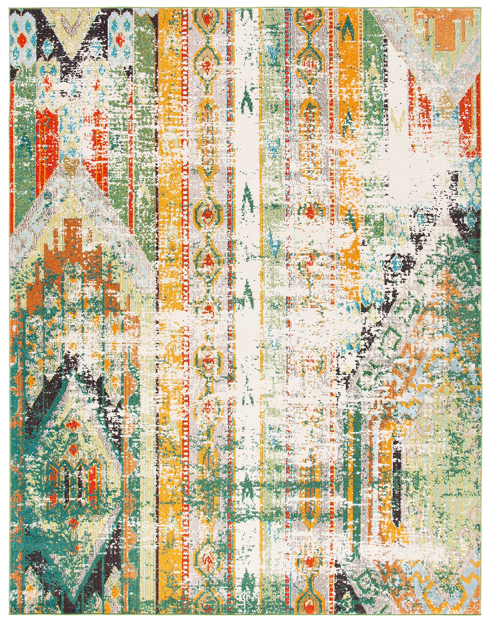 SAFAVIEH Madison Collection Area Rug - 10' x 14', Green & Orange, Boho Chic Tribal Distressed Design, Non-Shedding & Easy Care, Ideal for High Traffic Areas in Living Room, Bedroom (MAD422Y)