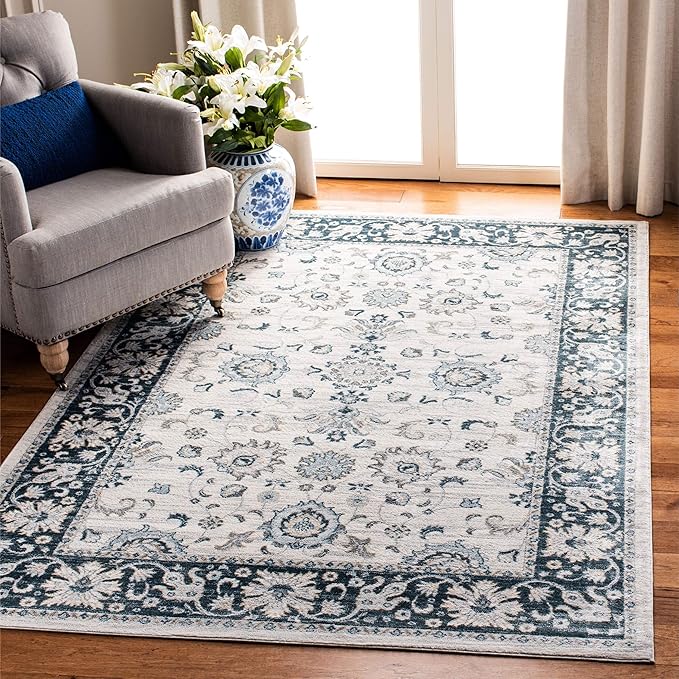 Isabella Collection Area Rug - 8' x 10', Light Blue & Cream, Oriental Design, Non-Shedding