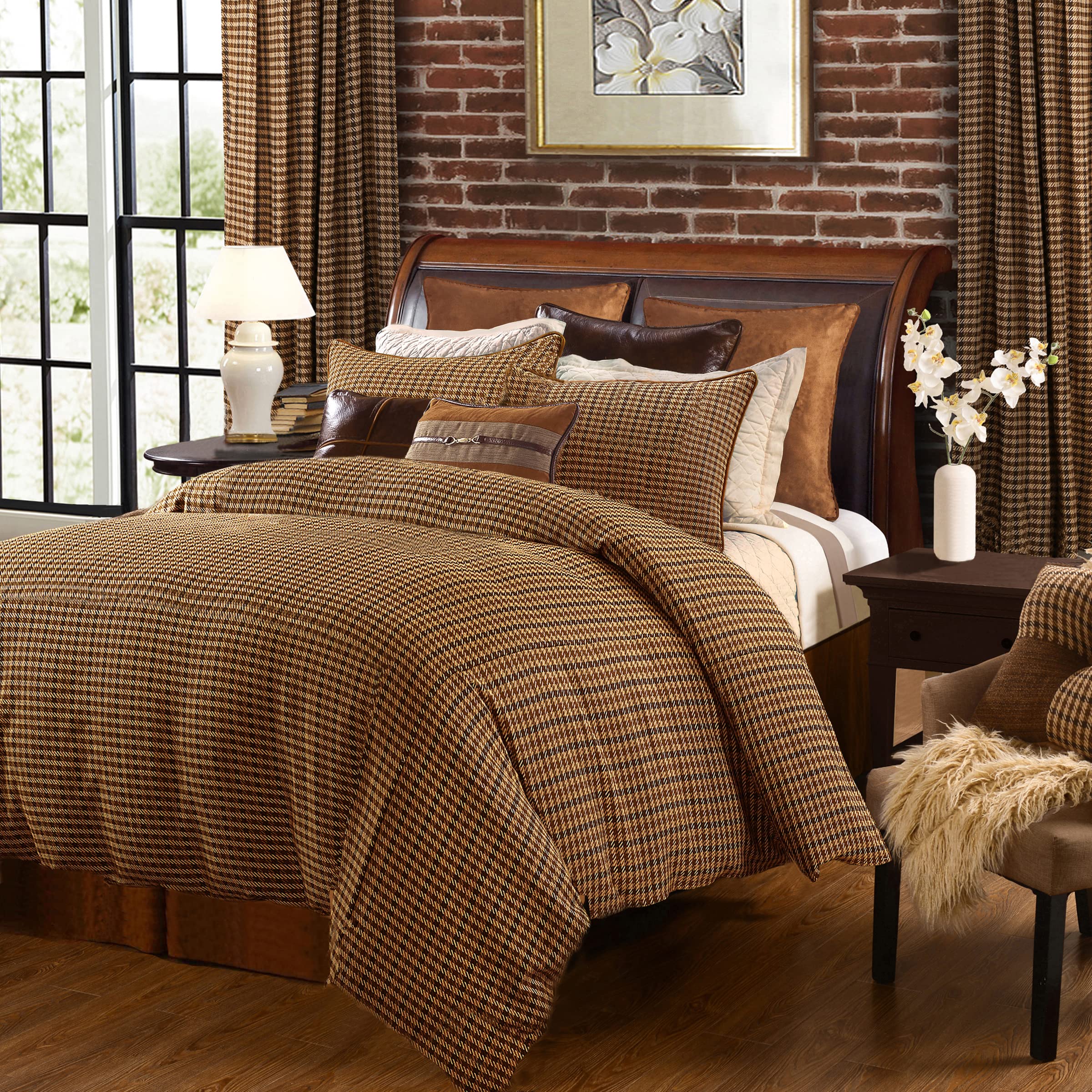 Clifton Rustic King Comforter Set - Brown Houndstooth 3-Piece Bedding