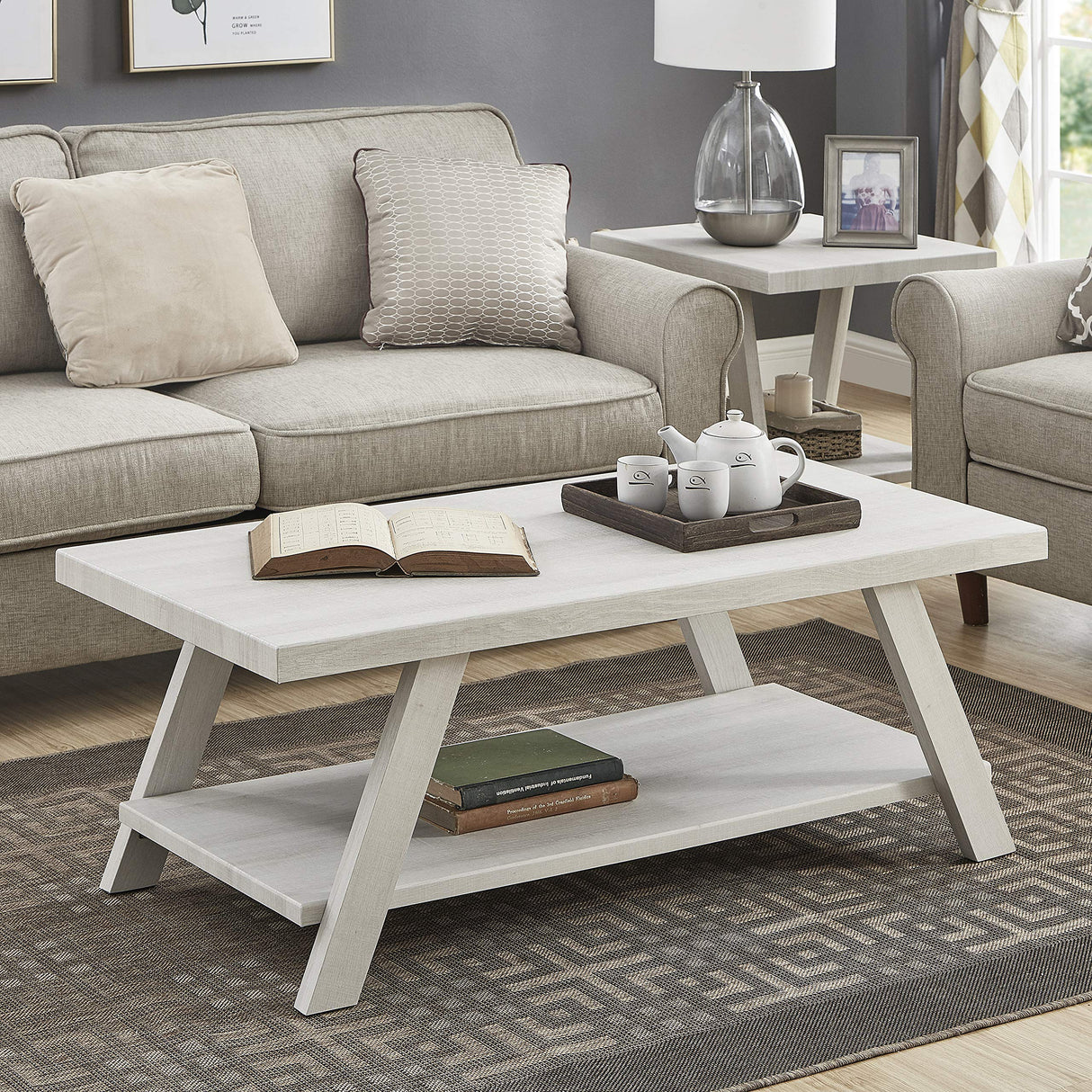 Athens Contemporary Wood Shelf Coffee Table, White