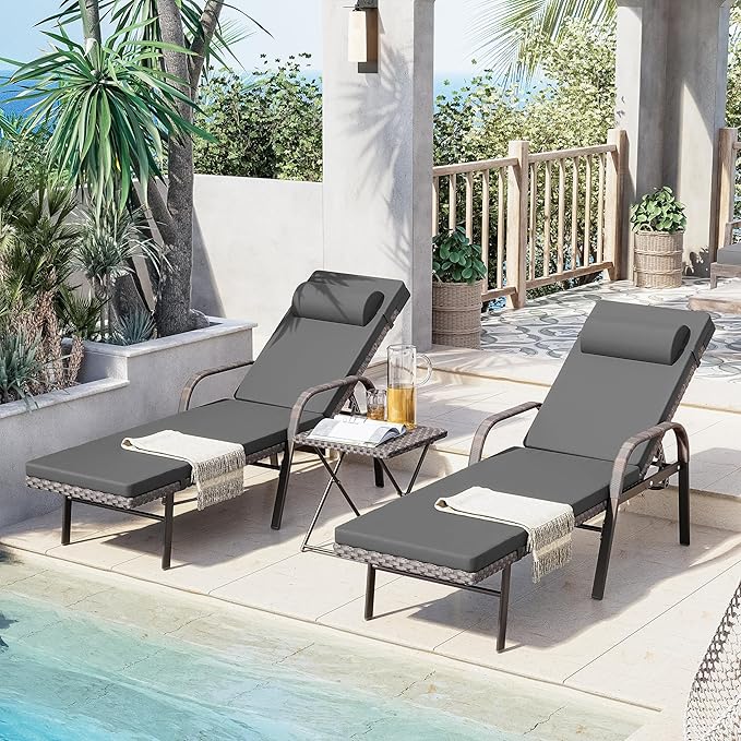 Outdoor Chaise Lounge Chairs 3 Pieces PE Wicker Patio Furniture Set Rattan Beach