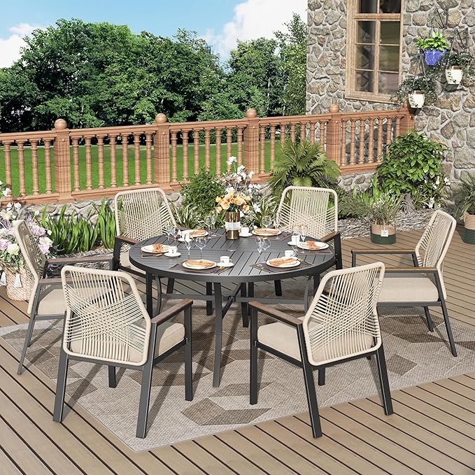 7 Pieces Outdoor Patio Dining Set, Wicker Patio Dining Set of 6 Rattan Chairs