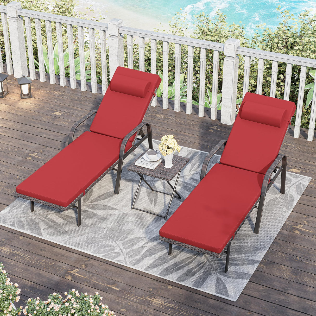 Outdoor Chaise Lounge Chairs 3 Pieces PE Wicker Patio Furniture Set Rattan Beach