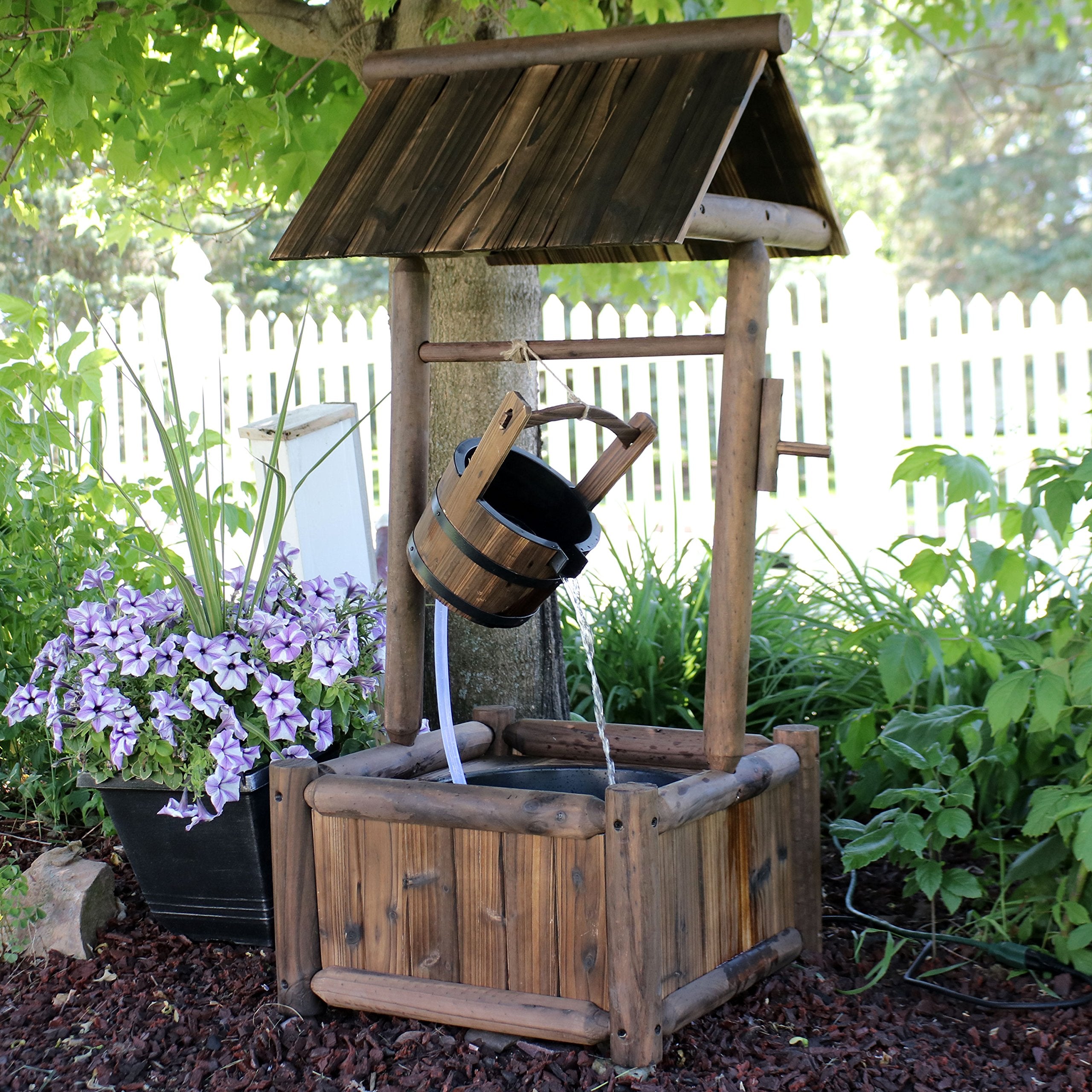 Rustic Wooden Wishing Well Water Fountain - Outdoor Fountain & Backyard Water