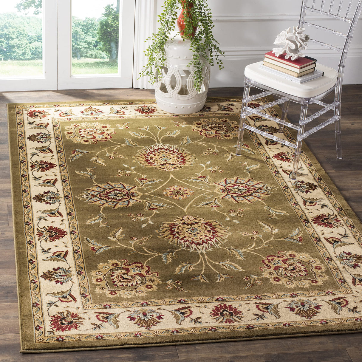 Lyndhurst Collection Area Rug - 8' x 11', Green & Ivory, Traditional Oriental Design,