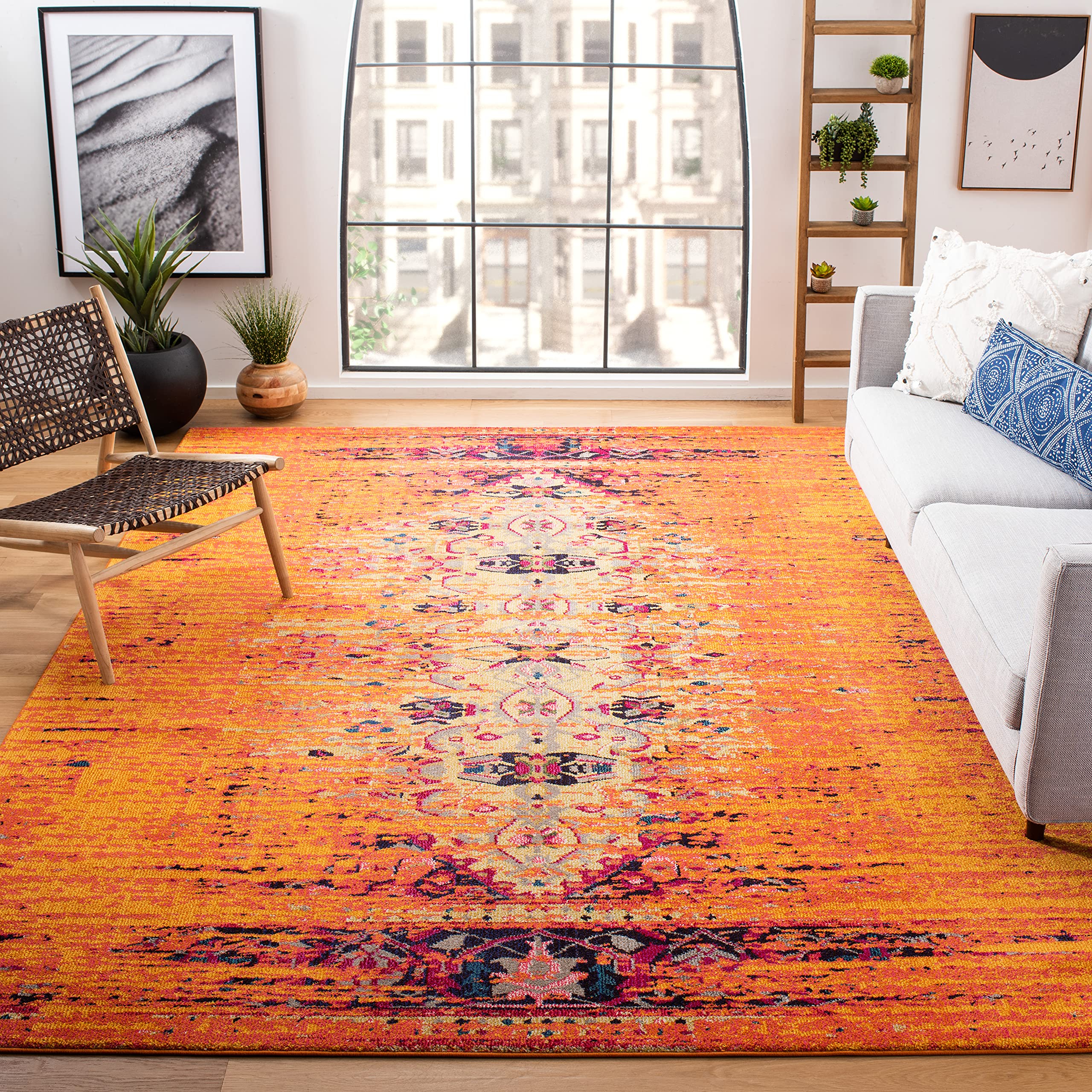 SAFAVIEH Monaco Collection Area Rug - 10' x 14', Orange & Multi, Modern Boho Abstract Distressed Design, Non-Shedding & Easy Care, Ideal for High Traffic Areas in Living Room, Bedroom (MNC209H)