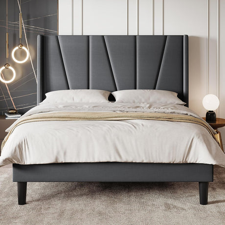 Queen Bed Frame – Upholstered Platform Bed with Wood Headboard