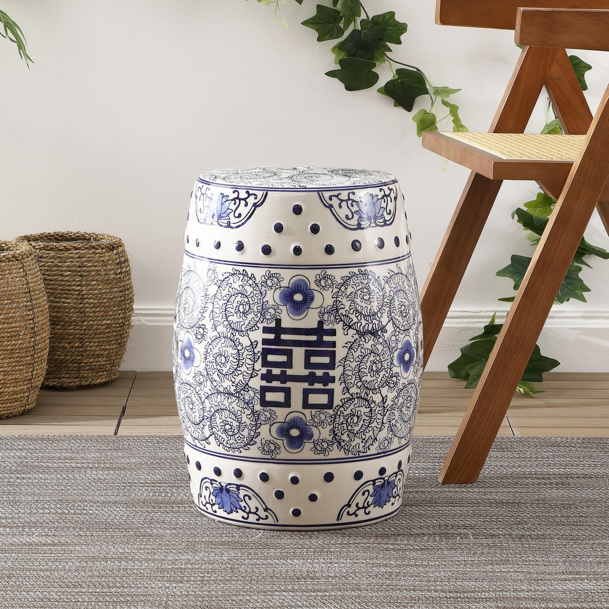 TBL1013B Double Happiness 18" Chinoiserie Ceramic Drum Garden Stool Bohemian, Coastal, Classic, Cottage,