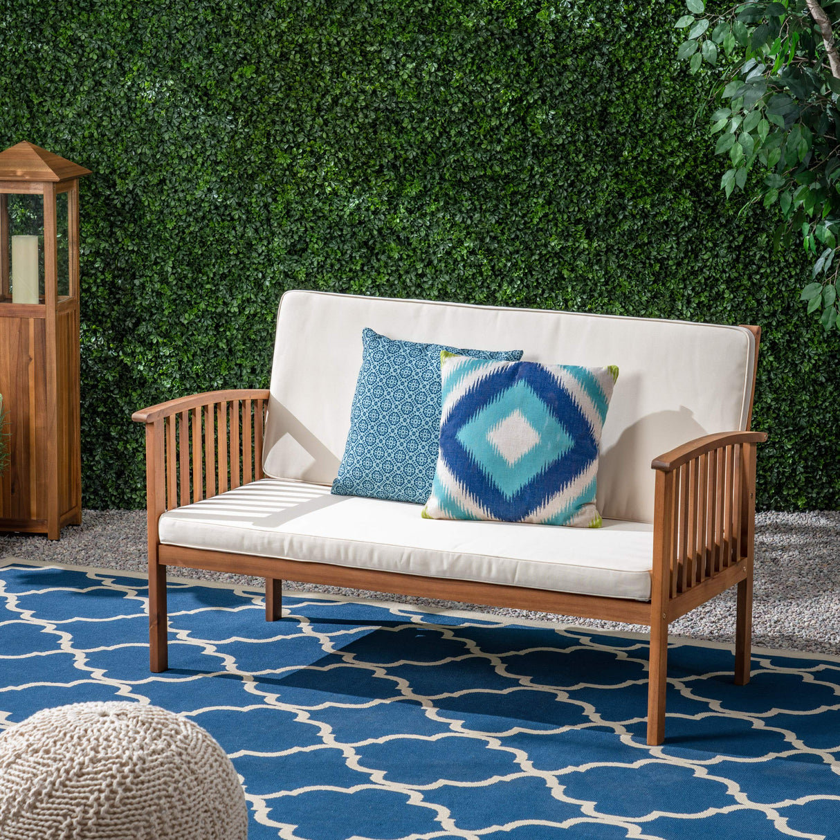 Grace Outdoor Acacia Wood Loveseat, Brown Patina Finish and Cream