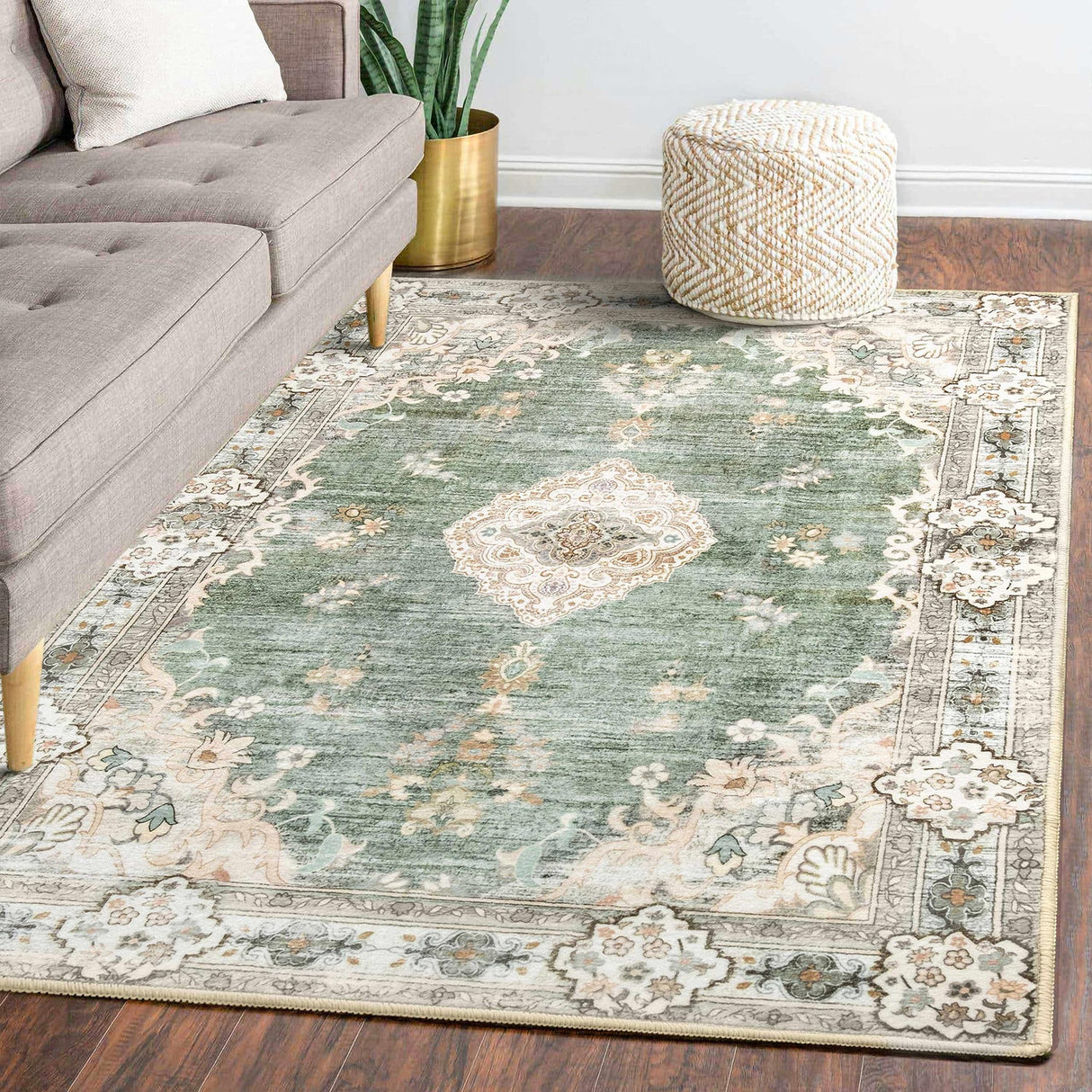 MUJOO 5'x7' Area Rugs Green Machine Washable Rugs Living Room Rugs Boho Area Rug for Bedroom Laundry Room Kitchen Non Slip Carpet Abstract Soft Low-Pile Floral