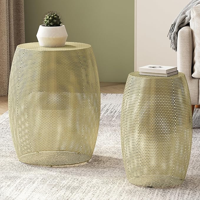 Round Metal Hollow Accent Side Table Set, Modern Drum Shape End Table with Pedestal