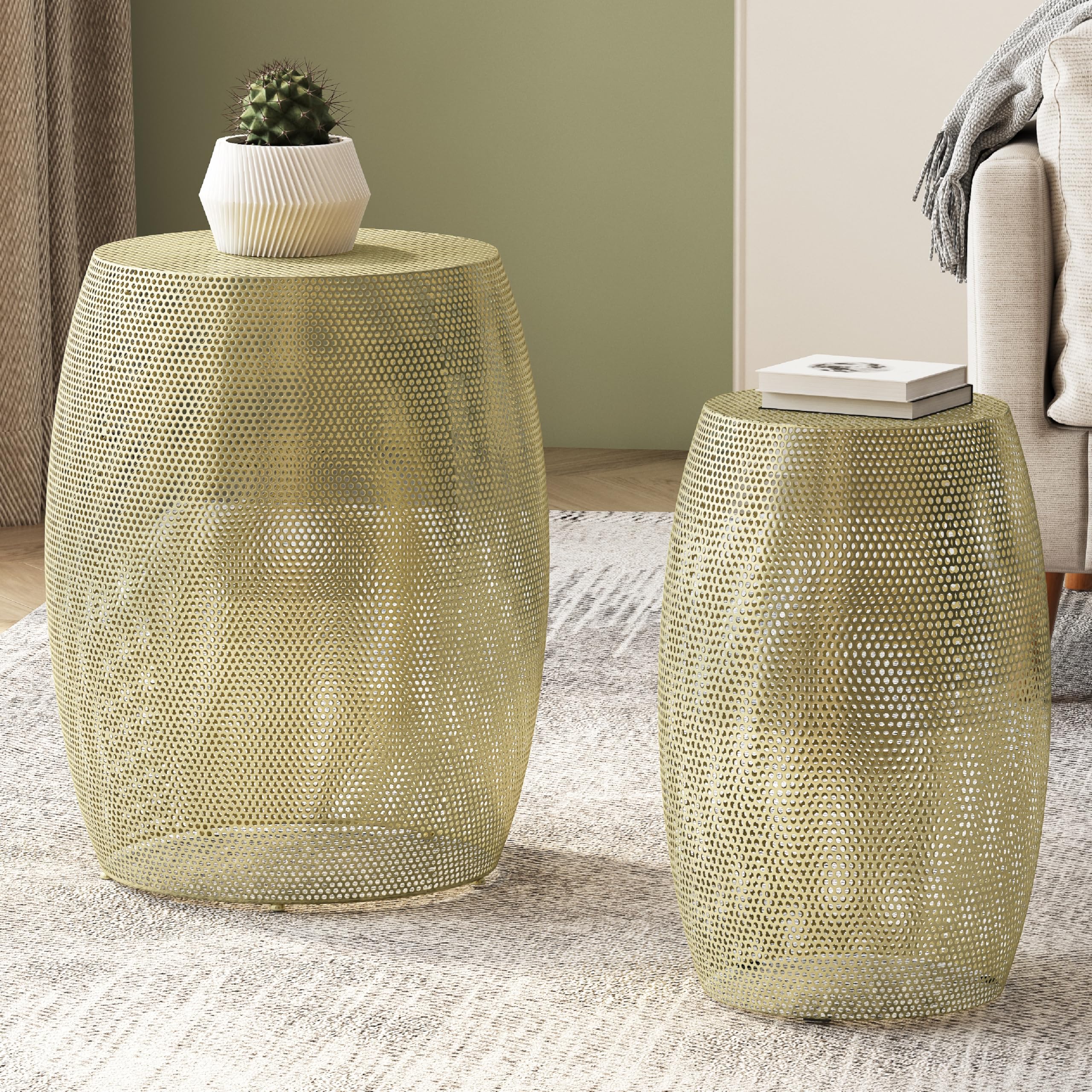 Round Metal Hollow Accent Side Table Set, Modern Drum Shape End Table with Pedestal