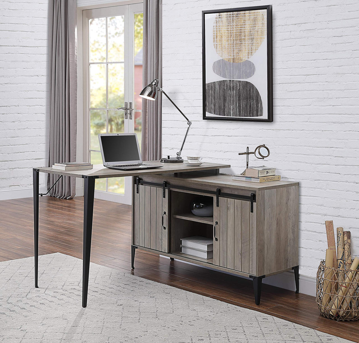 Farmhouse L-Shaped Computer Desk with Sliding Barn Door Storage Cabinet and Cord Management, Home Office Workstation Writing Table with Metal Legs, 48" L x 48" W x 31" H (Gray Oak and Black)