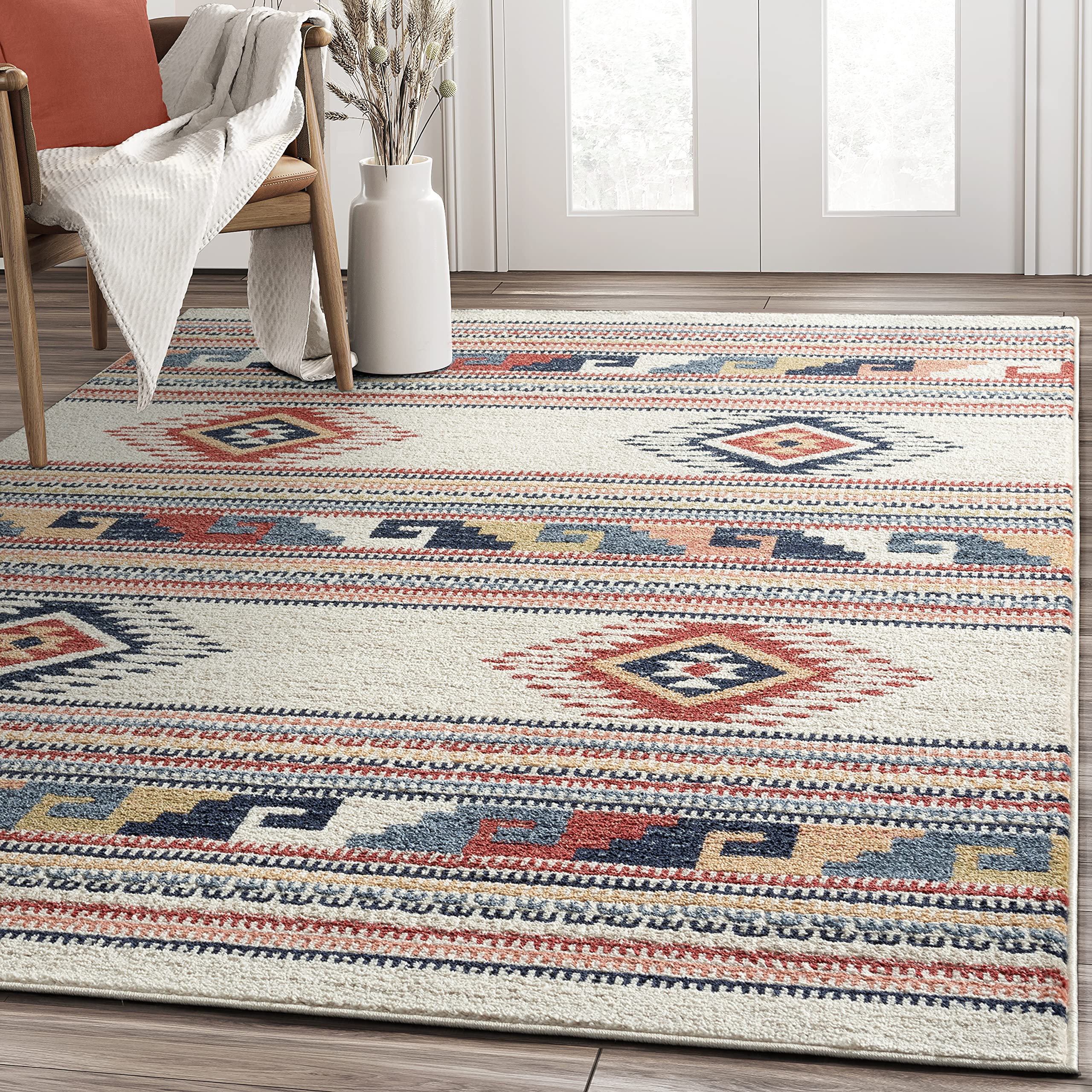 Abani Multicolor Southwestern Design 5'3" x 7'6" (5x8) Area Rug - Non-Shed Orange, Grey & Beige Tribal Pattern Dining Room Carpet Rugs
