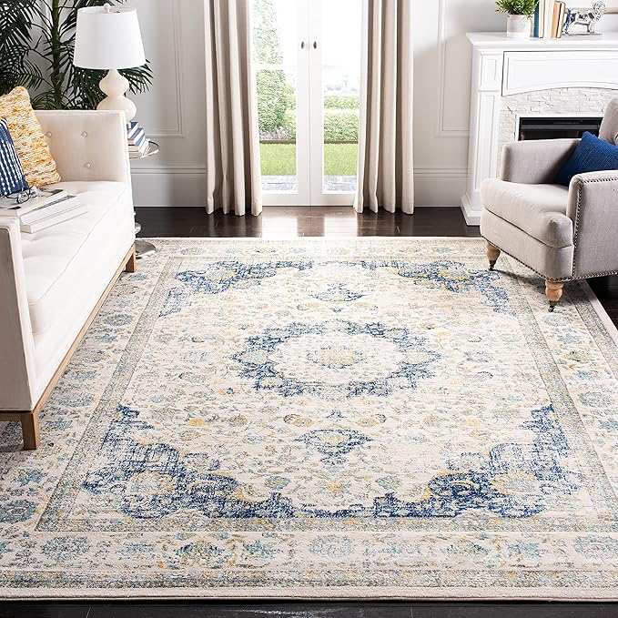 Evoke Collection Area Rug - 9' x 12', Ivory & Grey, Shabby Chic Oriental Medallion Design