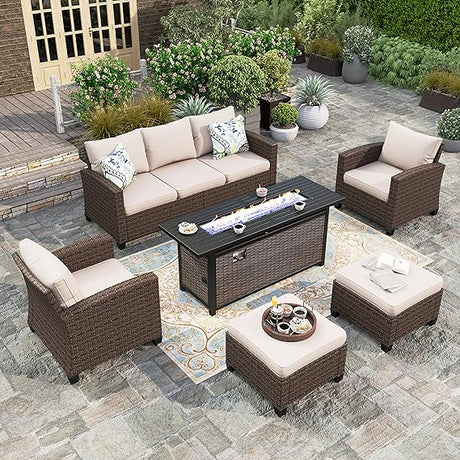 8 Pieces Wicker Patio Furniture Set with Fire Pit Table