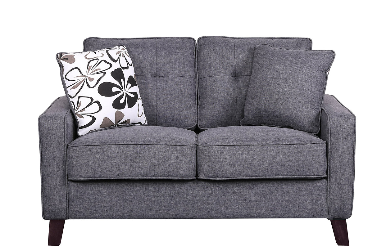 Furniture Direct Lillana Linen Upholstered Mid-Century Modern Loveseat with Two Accent Pillows, Dark Grey