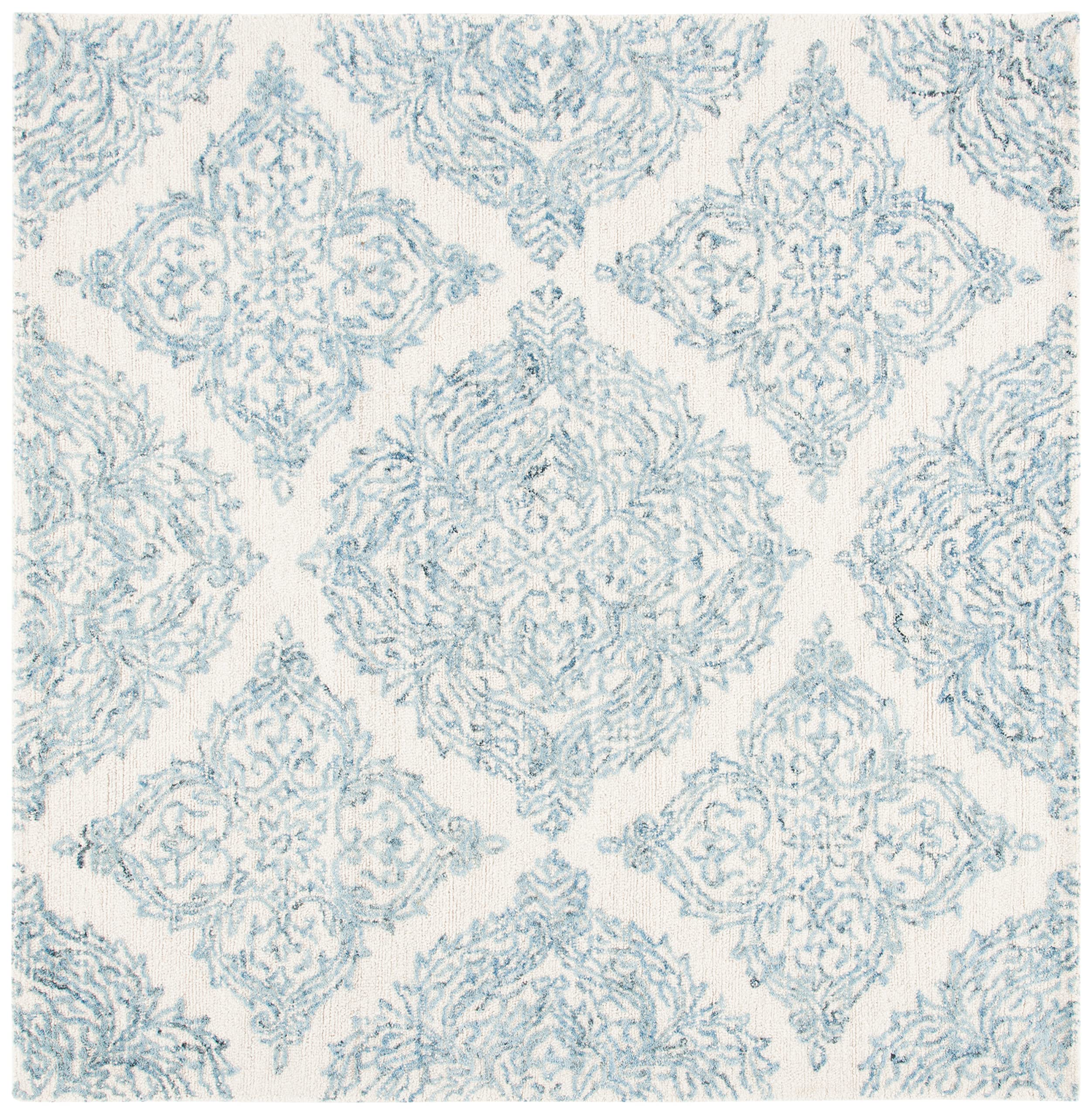 Abstract Collection Area Rug - 8' Square, Ivory & Blue, Handmade Wool