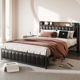 Full Bed Frame with Storage Headboard & Footboard, Upholstered Platform Bed with USB