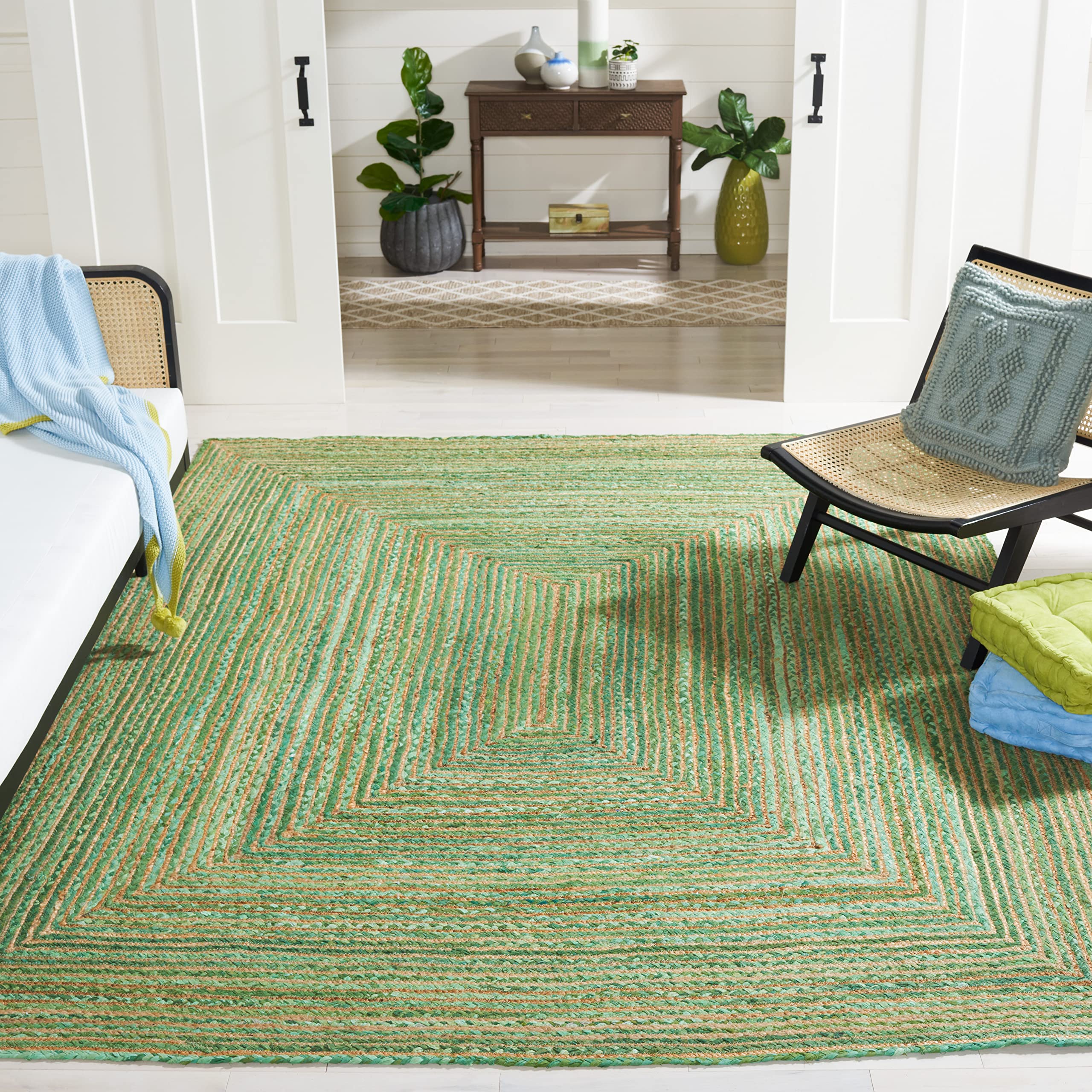 Cape Cod Handmade Jute & Cotton Area Rug 10x14 - Green & Natural Braided Design