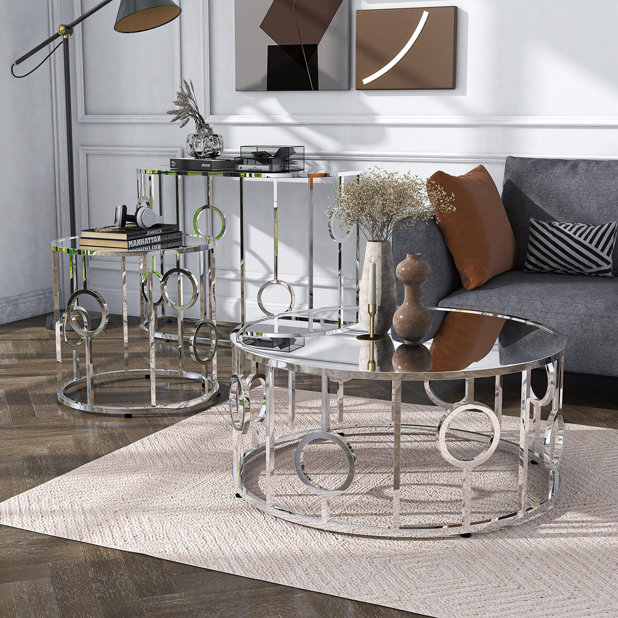 Keenan Luxury Glam Glass Top 3-Piece Coffee, End and Sofa Table Set