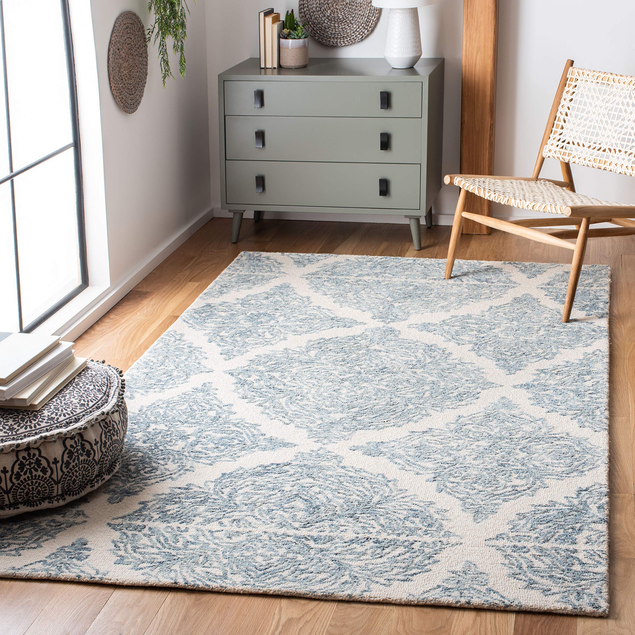 Abstract Collection Area Rug - 8' Square, Ivory & Blue, Handmade Wool