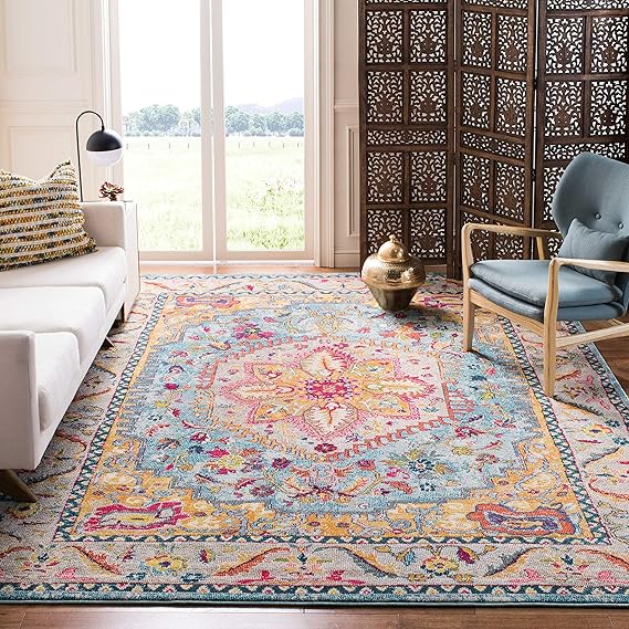 Phoenix Collection Area Rug 10' x 14' - Fuchsia Blue Boho Oriental Medallion