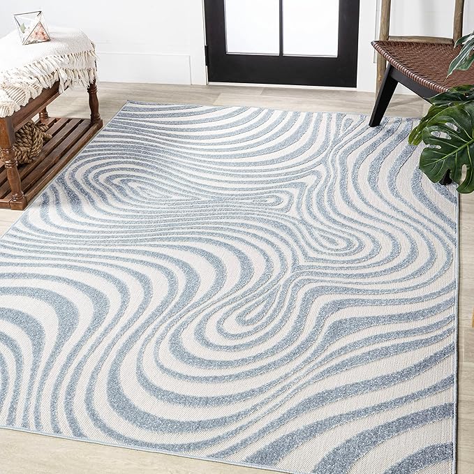SCN103E-5 Maribo High-Low Abstract Groovy Striped Dark Blue/Cream 5 ft. x 8 ft