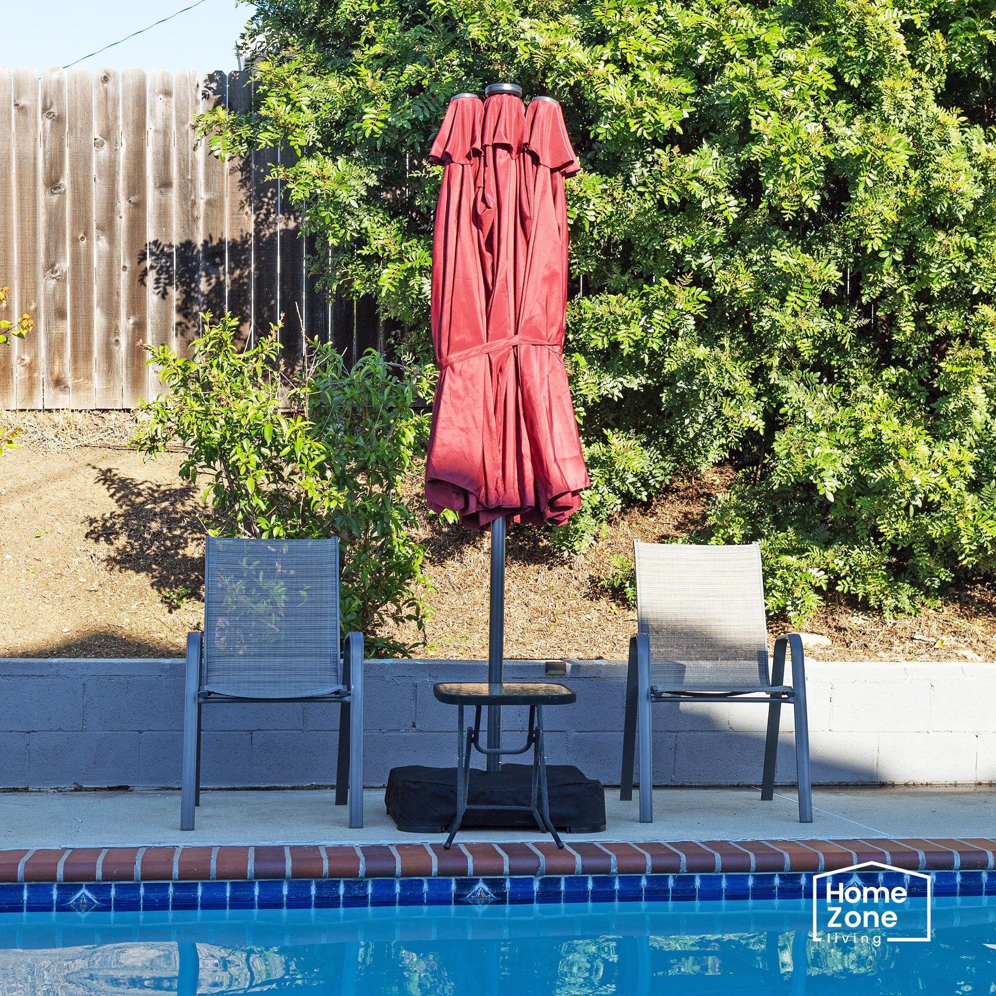 15x9 Ft Double Head Patio Umbrella with Base, 36 LED Lights, Sand Bags