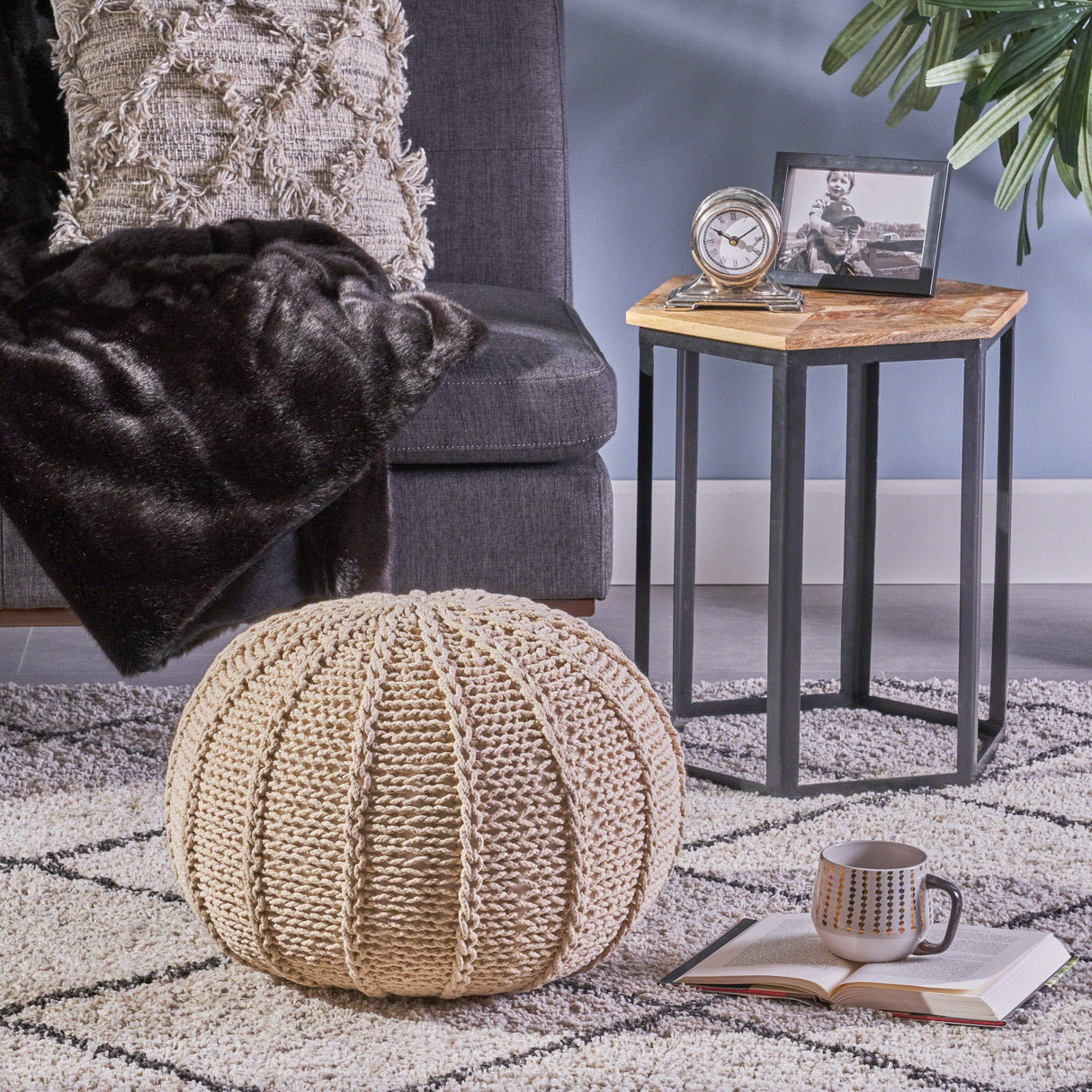 Agatha Knitted Cotton Pouf, Beige Small