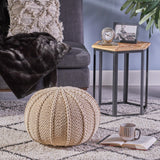 Agatha Knitted Cotton Pouf, Beige Small
