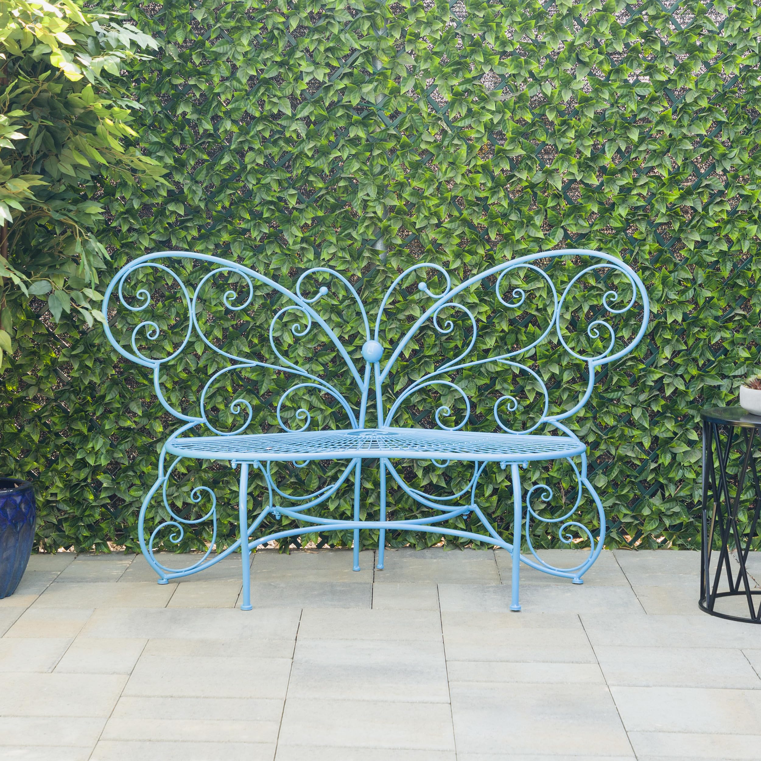 62" L Indoor/Outdoor 2 Person Metal Butterfly Shaped Garden Bench, Blue
