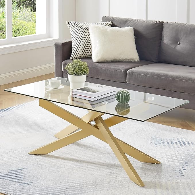 Rectangle Modern Coffee Table, Tempered Glass Top and Metal Tubular Leg,