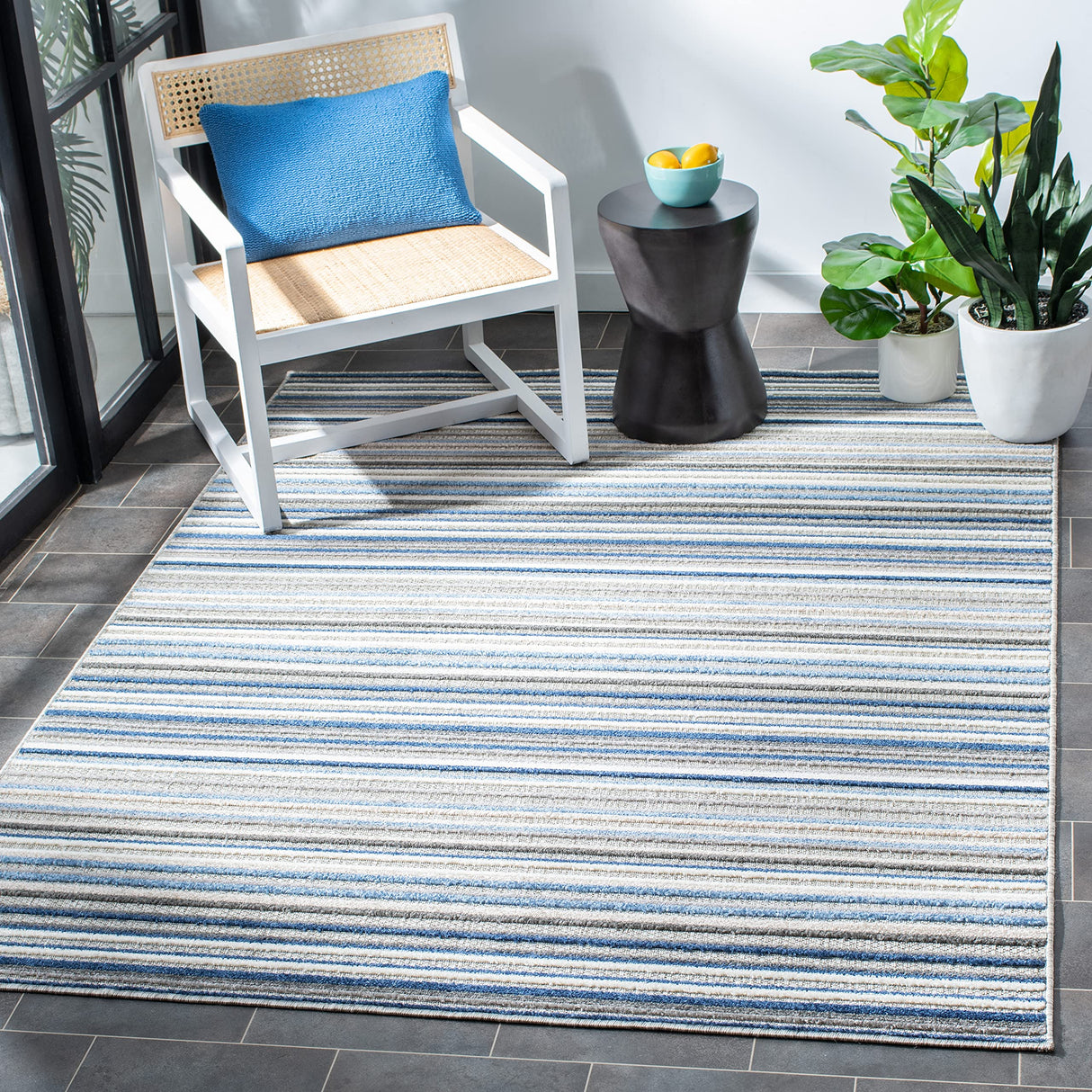 Cabana Collection Area Rug - 8' x 10', Grey & Blue, Stripe Design, Non-Shedding & Easy