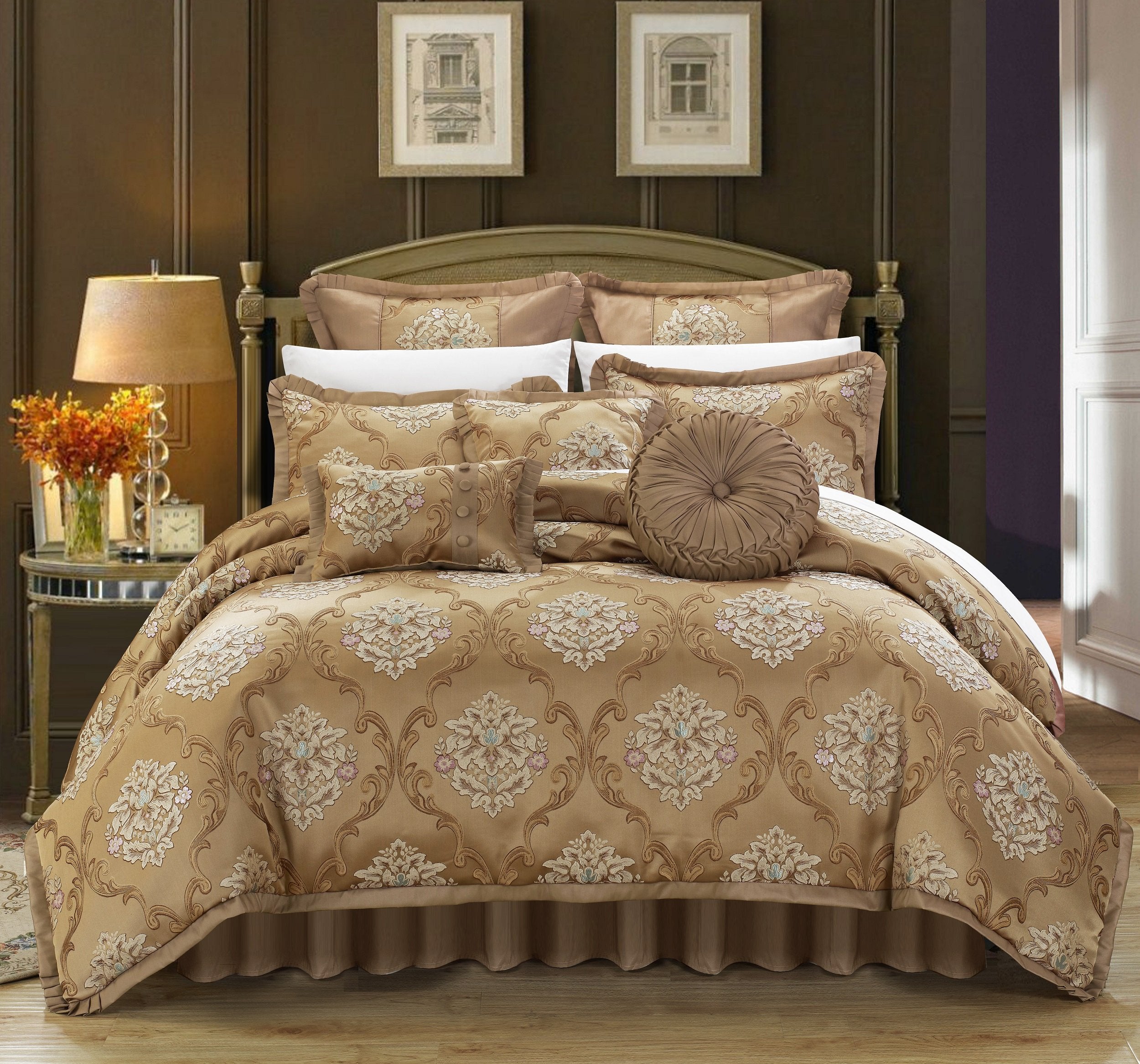 Piece Aubrey Decorator Upholstery Comforter Set and Pillows Ensemble, Queen, Gold