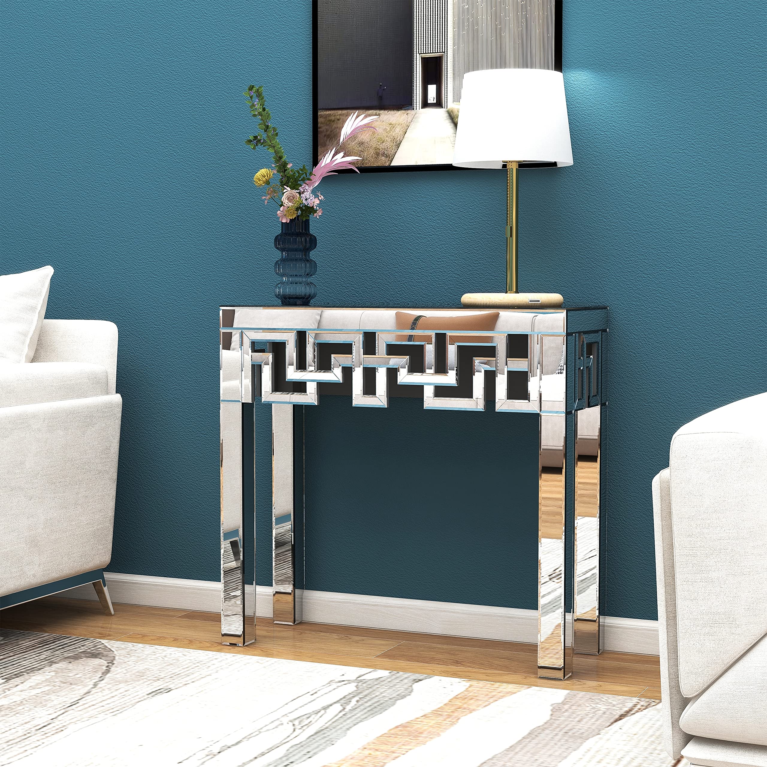Venetian Mirrored Console Table - Clear Glass Glam Rectangular